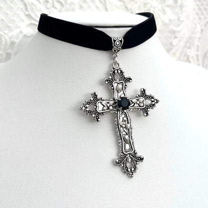 Vintage Gothic Large Cross Black Velvet Choker Ornate Cross Black Velvet  Grunge Choker Gift for Her