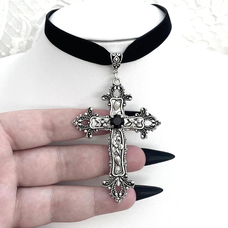 Vintage Gothic Large Cross Black Velvet Choker Ornate Cross Black Velvet  Grunge Choker Gift for Her