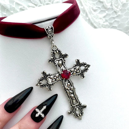 Vintage Gothic Large Cross Black Velvet Choker Ornate Cross Black Velvet  Grunge Choker Gift for Her