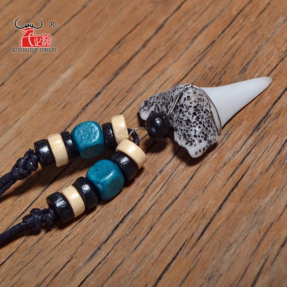 Man's Hawaii Surfer Jewelry Handmade Imitation shark teeth Pendant New Zealand Maori Tribal bone Choker Colored wooden Necklace