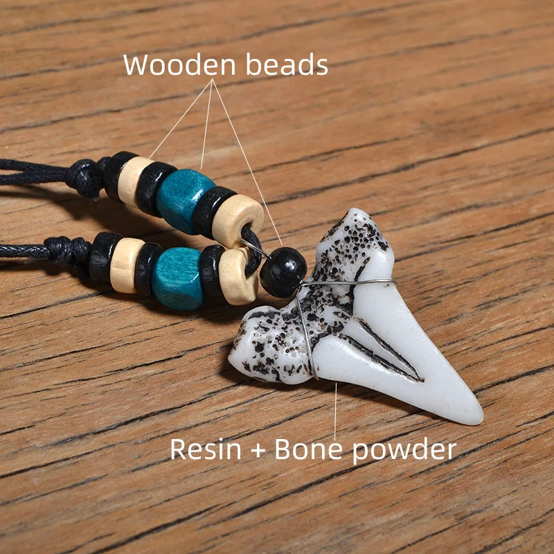 Man's Hawaii Surfer Jewelry Handmade Imitation shark teeth Pendant New Zealand Maori Tribal bone Choker Colored wooden Necklace