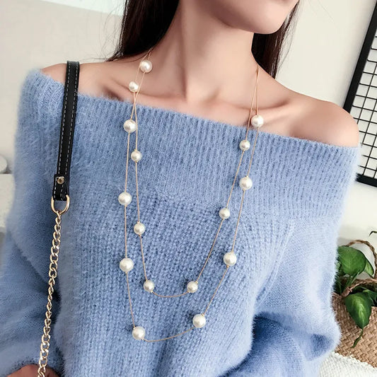 New Long Double Layer Simulated Pearl Necklace Women Sweater Chain  Female Collares Statement Jewlery Wholesale 2024