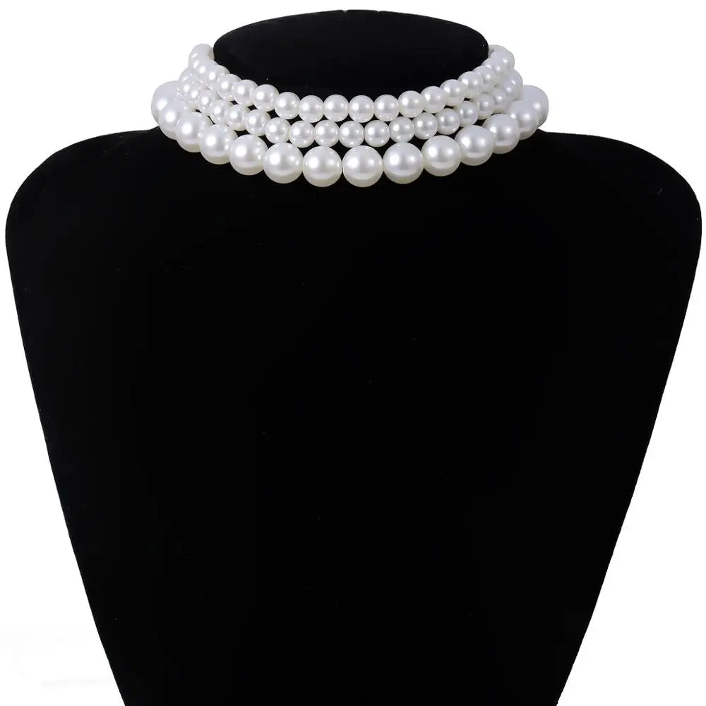 Multi-Layer White Imitation Pearl Necklace Bead  Chain Punk Ladies Wedding Short Clavicle Necklac Girl Charm Banquet Jewelry