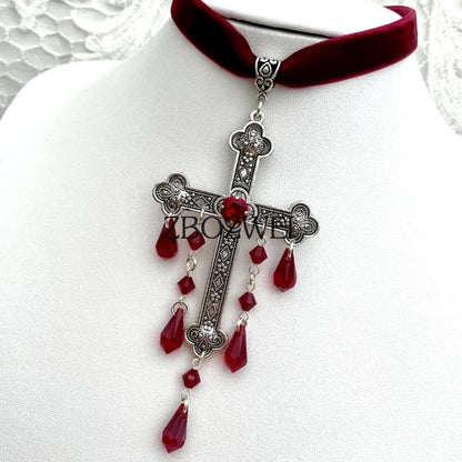 Large Cross Choker, Red Goth Choker, Gothic Cross, Goth Cross Velvet Choker, Red Velvet Choker with Cross, Velvet Cross Choker,