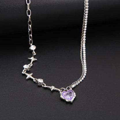 Y2K Purple Crystal Heart Pendant Necklace Women Sweet Cool Girl Punk Clavicle Chain Fashion Aesthetic Necklace Jewelry Gift 2023