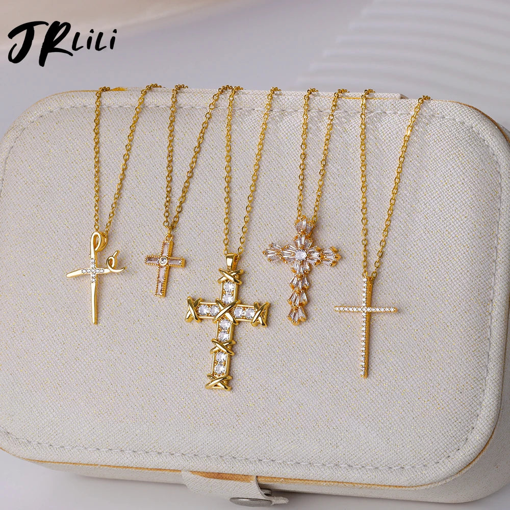 Zircon Cross Pendant Necklace for Women Gold Color Stainless Steel Collar Neckalces 2024 Trend Goth Jewelry Gifts free shipping