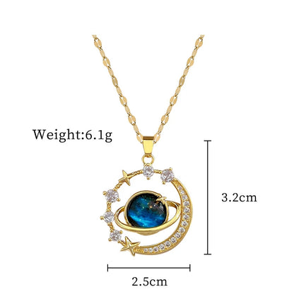 Stainless Steel Zircon Planet Star Pendant Necklace For Women Girl Elegant Aesthetic Clavicle Chain Necklace Jewelry Party Gift