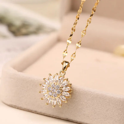 Double-layer Rotatable Sunflower Necklaces For Women Chain Choker Stainless Steel Jewelry Accessories Free Shipping Items