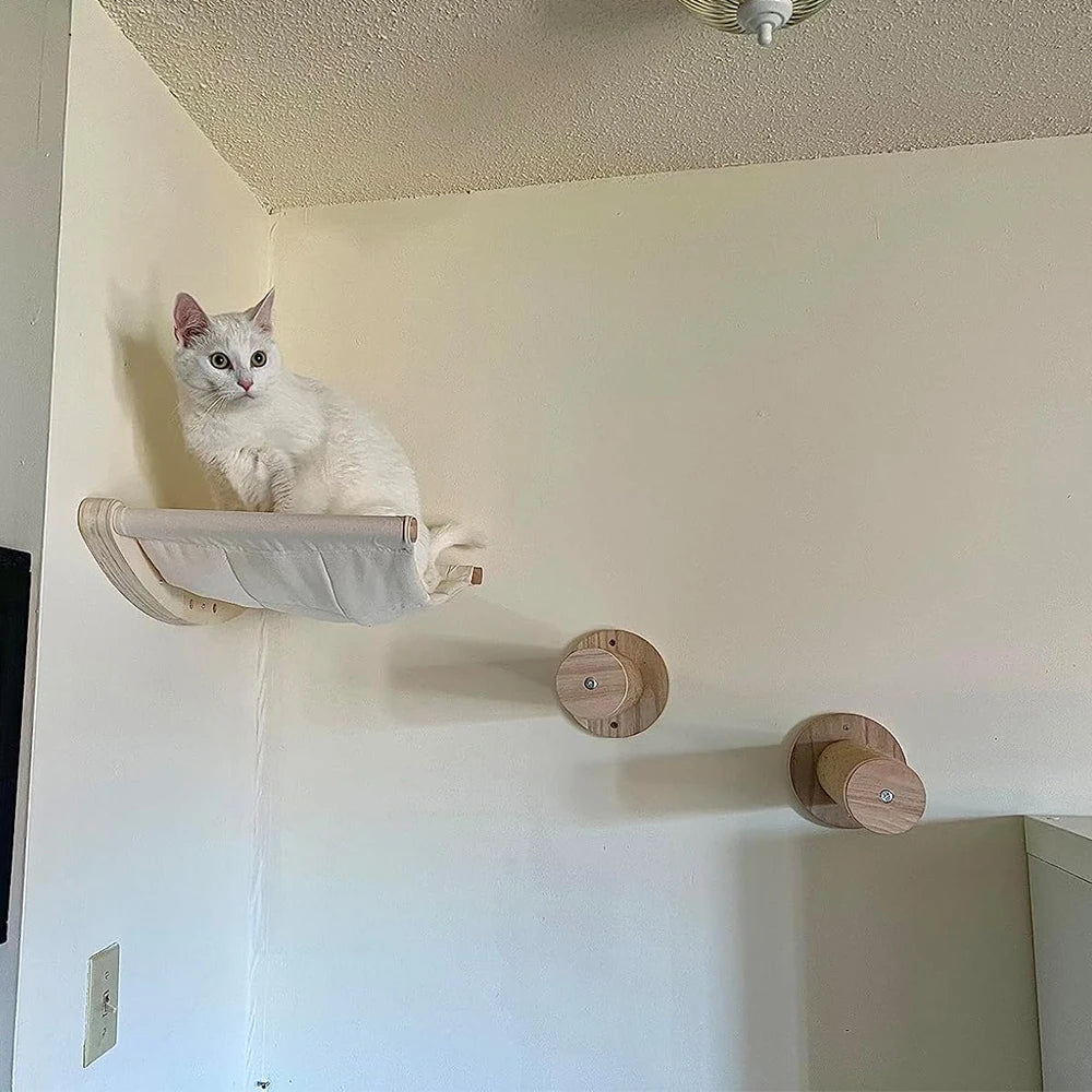 Wall Mounted Cat Tree with Sisal Scratching Post, Climbing Ladder, Jumping Platform and Hammock, creating a fun place for cats!