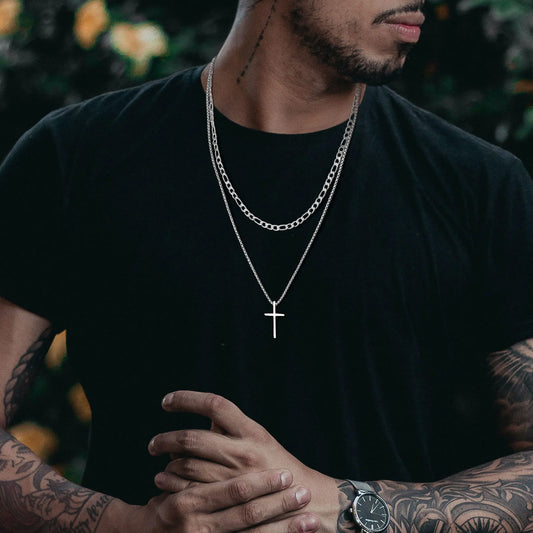Vnox Mens Cross Necklaces, Stainless Steel Layered Plain Cross Pendant, Rope Box Chain Necklace, Simple Prayer Jesus Collar