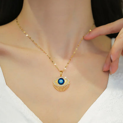 Cubic Zircon Hamsa Evil Blue Eye Necklace Stainless Steel Turkish Eye Eyelash Necklace Greek Jewelry ojo turco acero inoxidable