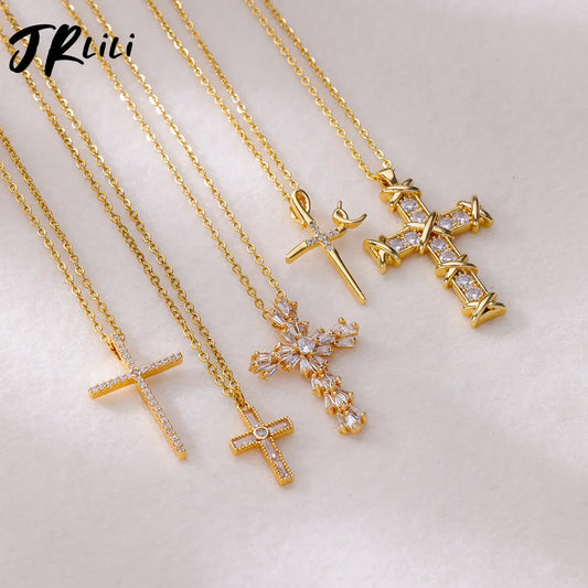 Zircon Cross Pendant Necklace for Women Gold Color Stainless Steel Collar Neckalces 2024 Trend Goth Jewelry Gifts free shipping