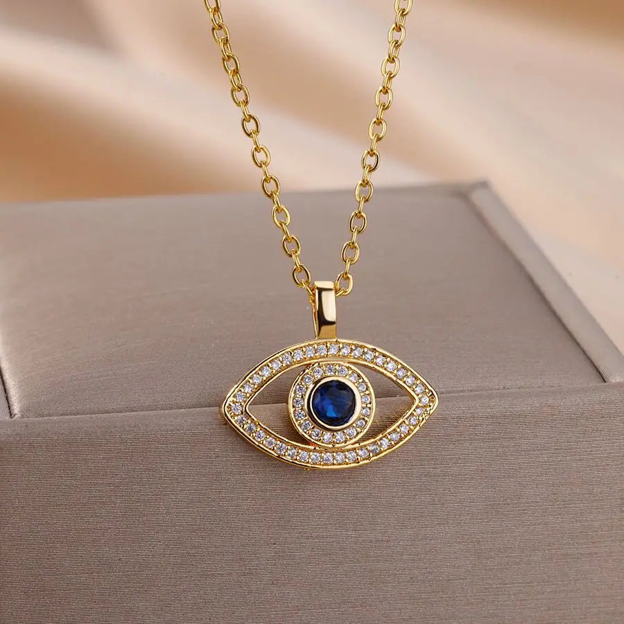 Zircon Blue Evil Eye Necklace for Women Gold Color Stainless Steel Turkish Eye Pendant Necklaces Lucky Jewelry Gift collier femm