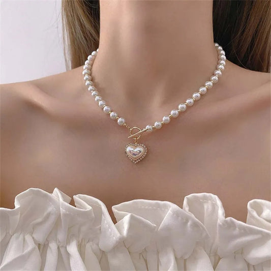 Fashion Imitation Pearls Collar Vinatge ABS Pearl Pendant Necklace For Women Simple OT Buckle Clavicle Chain Party Jewelry