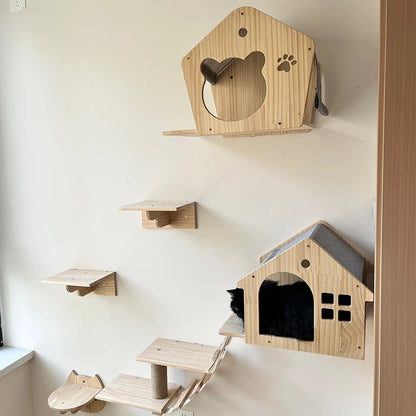 Wall Mounted Cat Tree Wooden Shelves Scratching Posts Climbing Cat Perches Hammock with Steps and Ladder Pet Wooden Furniture