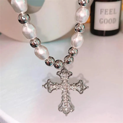 2024 Trendy Pearl Cross Pendant Necklace Hip Hop Retro Men Women Religious Jewelry Boys Girls Anniversary Party Birthday Gifts