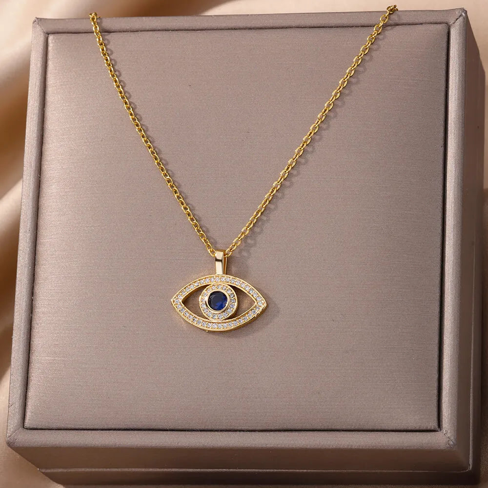 Zircon Blue Evil Eye Necklace for Women Gold Color Stainless Steel Turkish Eye Pendant Necklaces Lucky Jewelry Gift collier femm