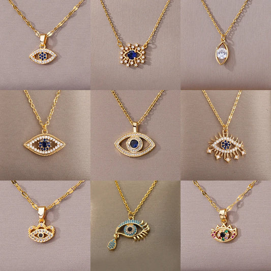 Zircon Blue Evil Eye Necklace for Women Gold Color Stainless Steel Turkish Eye Pendant Necklaces Lucky Jewelry Gift collier femm