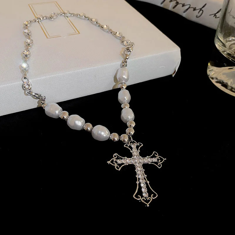 2024 Trendy Pearl Cross Pendant Necklace Hip Hop Retro Men Women Religious Jewelry Boys Girls Anniversary Party Birthday Gifts