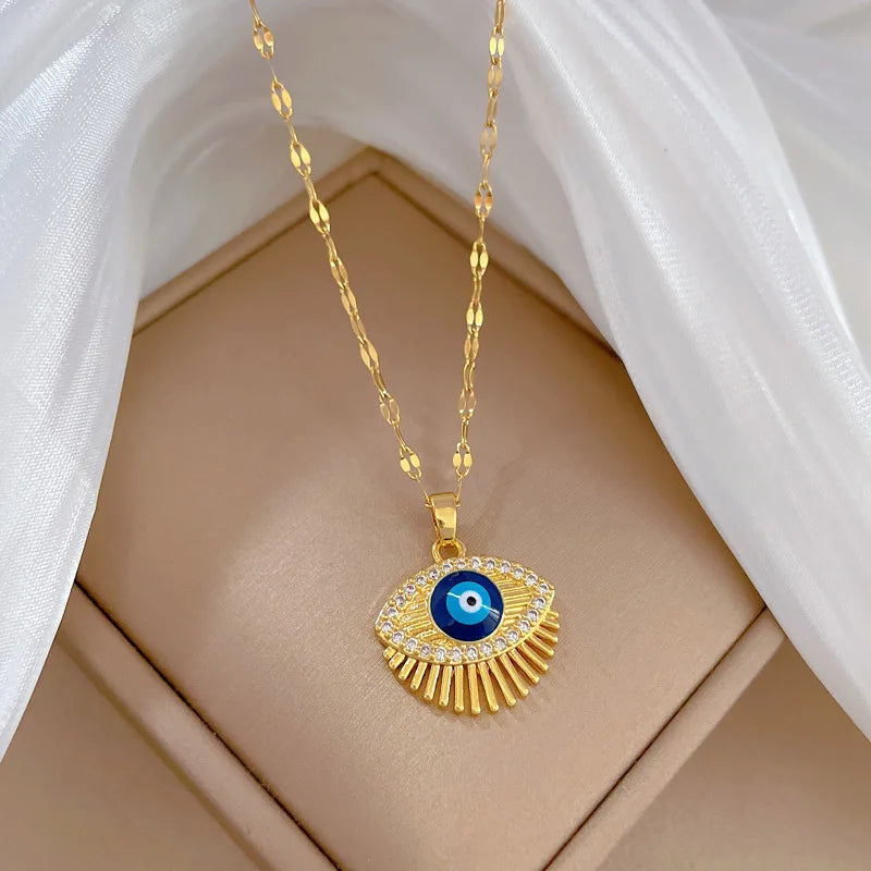 Cubic Zircon Hamsa Evil Blue Eye Necklace Stainless Steel Turkish Eye Eyelash Necklace Greek Jewelry ojo turco acero inoxidable