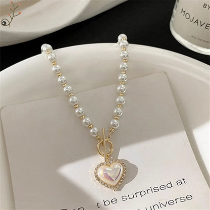 Fashion Imitation Pearls Collar Vinatge ABS Pearl Pendant Necklace For Women Simple OT Buckle Clavicle Chain Party Jewelry