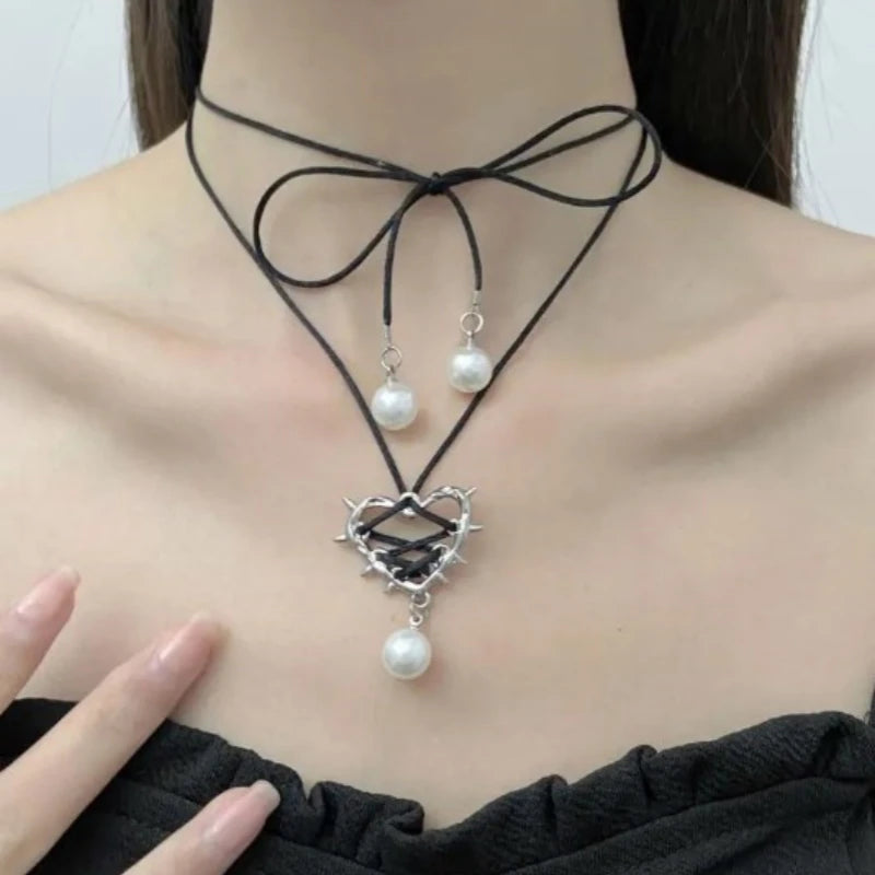 Exaggeration Elegant Pink Black Bow Tie Love Metal Heart Necklace Ribbon Pearl Pendant Necklace for Women Jewelry