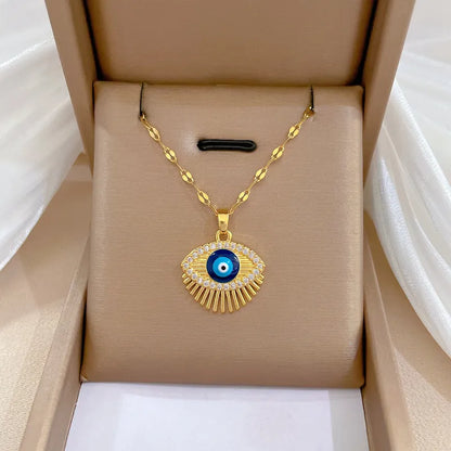 Cubic Zircon Hamsa Evil Blue Eye Necklace Stainless Steel Turkish Eye Eyelash Necklace Greek Jewelry ojo turco acero inoxidable