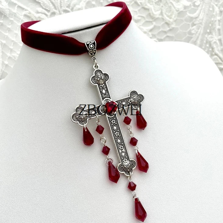 Large Cross Choker, Red Goth Choker, Gothic Cross, Goth Cross Velvet Choker, Red Velvet Choker with Cross, Velvet Cross Choker,