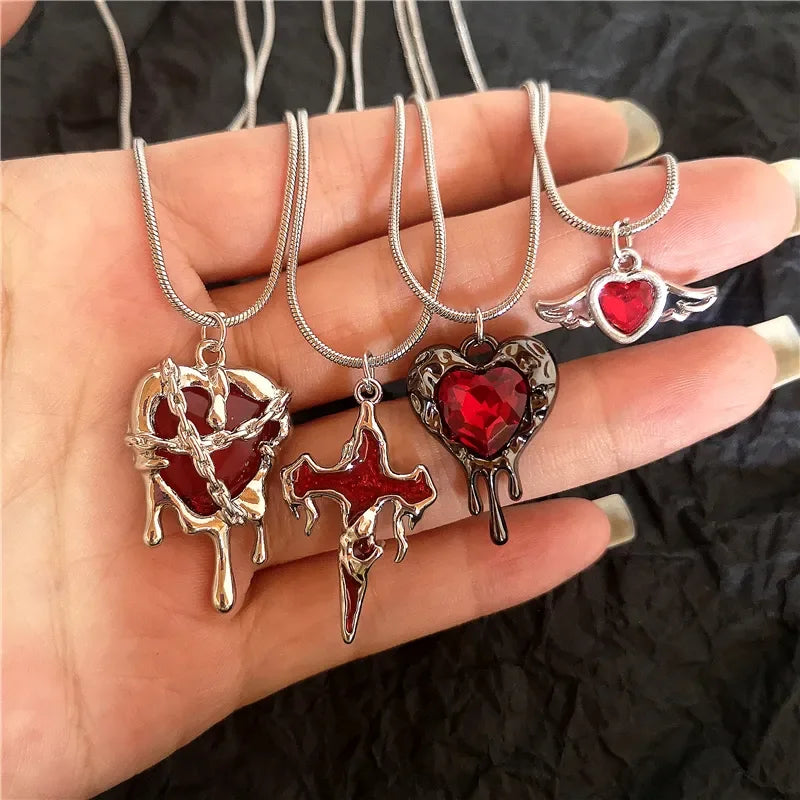 Vintage Y2k Red Love Heart Cross Pendant Snake Chain Necklace For Women Men Halloween Aesthetic Gothic Rave Jewelry Accessories