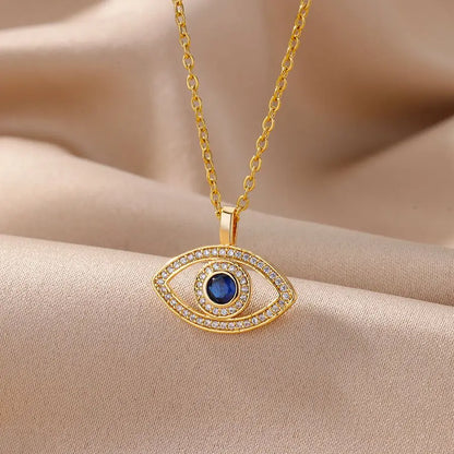 Zircon Blue Evil Eye Necklace for Women Gold Color Stainless Steel Turkish Eye Pendant Necklaces Lucky Jewelry Gift collier femm