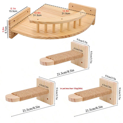 Wall Mounted Cat Tree Wooden Shelves Scratching Posts Climbing Cat Perches Hammock with Steps and Ladder Pet Wooden Furniture