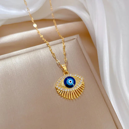 Cubic Zircon Hamsa Evil Blue Eye Necklace Stainless Steel Turkish Eye Eyelash Necklace Greek Jewelry ojo turco acero inoxidable