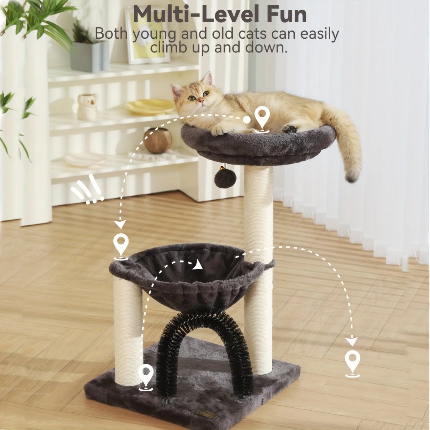 INCHES Tower For Indoor Cats, Multi-Level Cat Tree With Scratching Posts Plush Basket , Cat Activity Tree With Dangling Ball