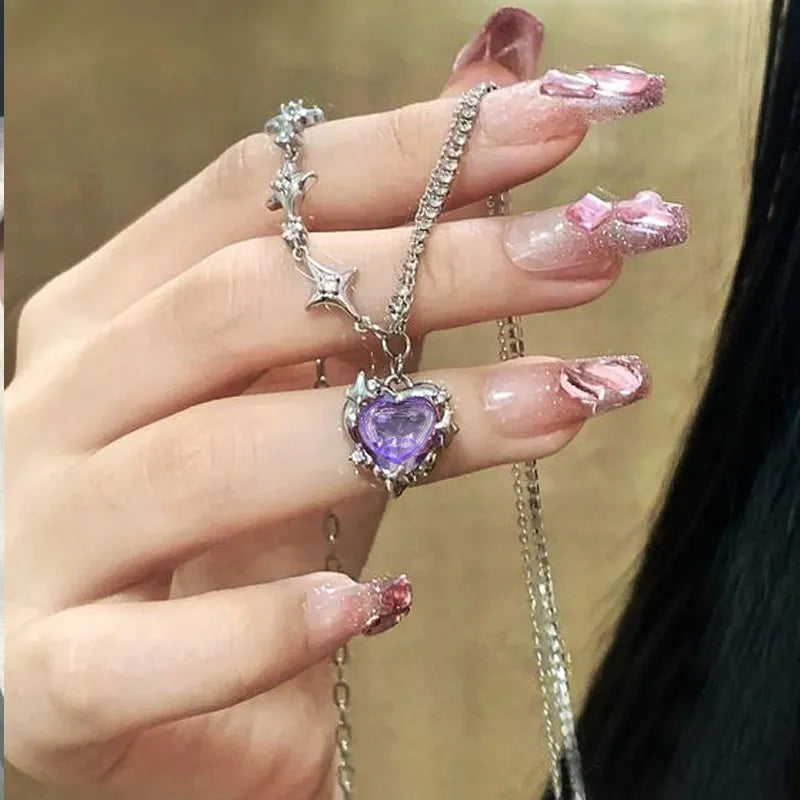 Y2K Purple Crystal Heart Pendant Necklace Women Sweet Cool Girl Punk Clavicle Chain Fashion Aesthetic Necklace Jewelry Gift 2023