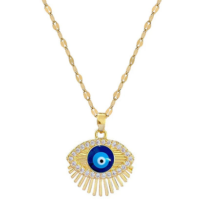 Cubic Zircon Hamsa Evil Blue Eye Necklace Stainless Steel Turkish Eye Eyelash Necklace Greek Jewelry ojo turco acero inoxidable