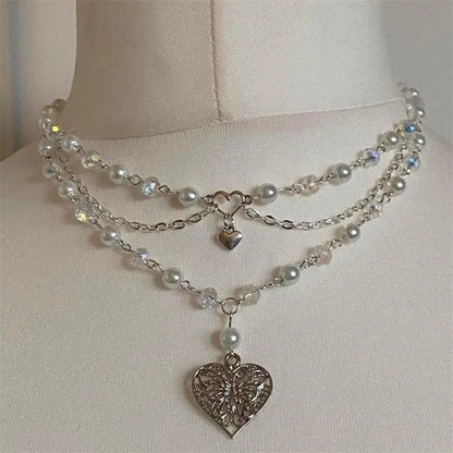 Pearls Butterfly Heart Fairycore Choker Necklace Y2k Pixie Fairycore Cottagecore Rosary Necklace Handmade Jewelry Gifts