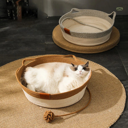 Cat Bed Handmade Rattan Woven Pet Nest Removable Washable Warm Pad All-Season Cat Scratch Board Winter Warm Cat House for Cats