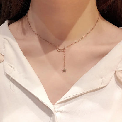 New Simple Moon Star Pendant Choker Necklace Simple Gold Color Alloy Charm Chain Collares Necklace For Women Party Jewelry