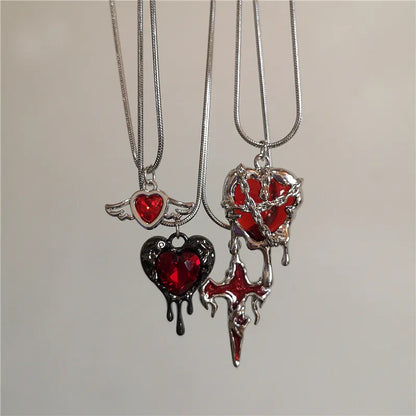 Vintage Y2k Red Love Heart Cross Pendant Snake Chain Necklace For Women Men Halloween Aesthetic Gothic Rave Jewelry Accessories