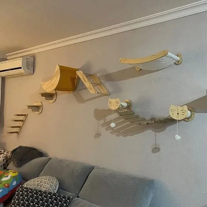Wall Mounted Cat Tree with Sisal Scratching Post, Climbing Ladder, Jumping Platform and Hammock, creating a fun place for cats!