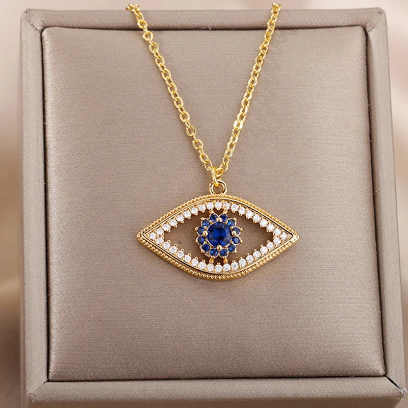 Zircon Blue Evil Eye Necklace for Women Gold Color Stainless Steel Turkish Eye Pendant Necklaces Lucky Jewelry Gift collier femm